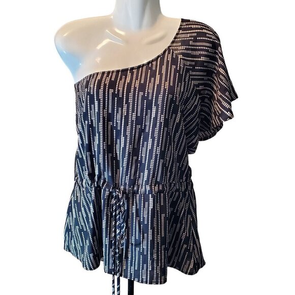 BLACK/BEIGE ONE SHOULDER TOP SIZE LARGE - Picture 3 of 10